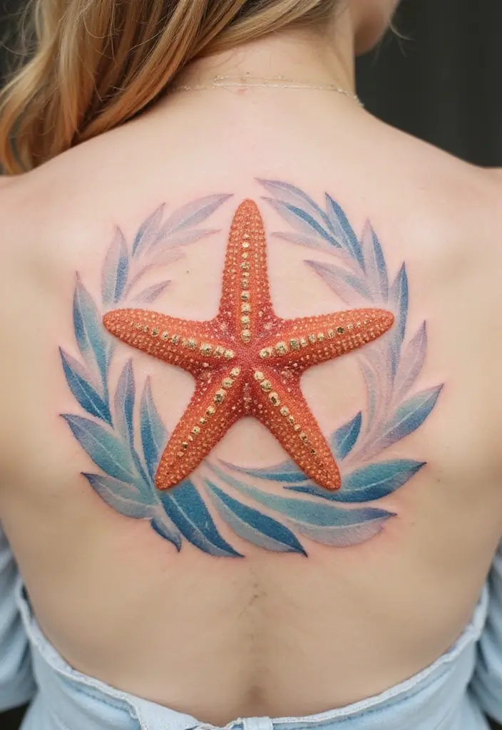 30 Simple Starfish Tattoo Ideas with Minimalist Symbolism 18 30 Simple Starfish Tattoo Ideas with Minimalist Symbolism - 18. Starfish with a Wave Pattern