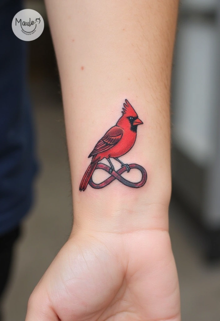 30 Small Cardinal Tattoos for Unique Inspiration 18 30 Small Cardinal Tattoos for Unique Inspiration - 18. Cardinal with Infinity Symbol