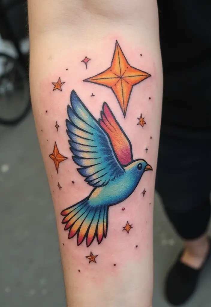 50 Sparrow Tattoos with Symbolism and Artistic Styles - 18. Sparrows and Stars