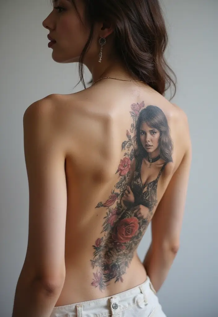 99 Stunning Spine Tattoos for Women to Inspire Your Next Ink - 18. Realistic Portraits