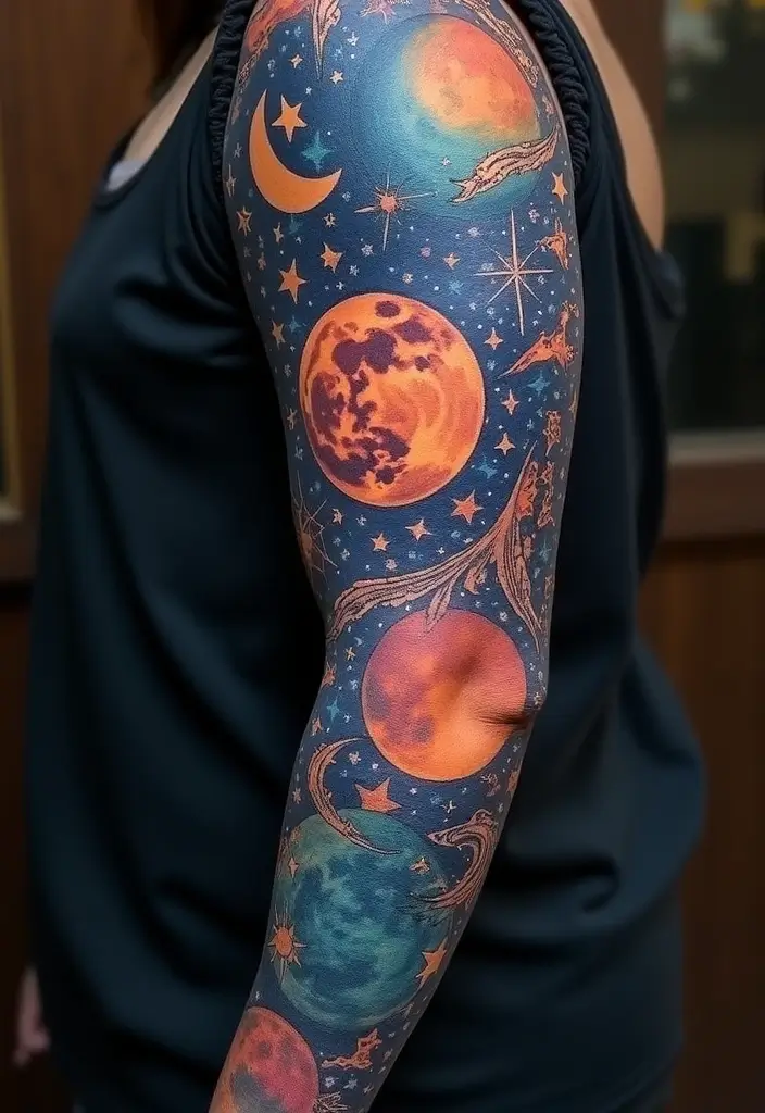 30 Star Tattoos That Are Timeless and Beautiful 18 30 Star Tattoos That Are Timeless and Beautiful - 18. Celestial Themed Sleeve Tattoos