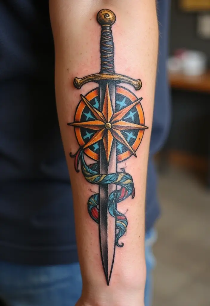 50 Sword Tattoo Designs and Symbolism to Inspire Your Next Ink 18 50 Sword Tattoo Designs and Symbolism to Inspire Your Next Ink - 18. Sword and Compass