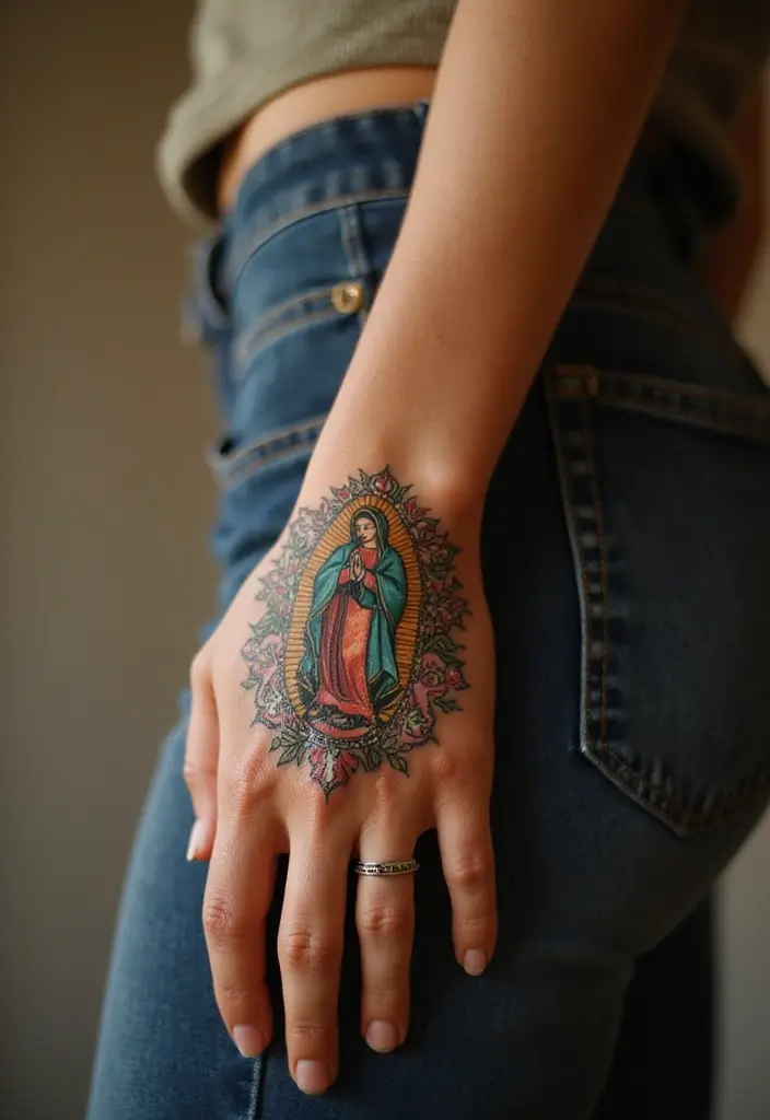50 Virgin Mary Hand Tattoos with Spiritual and Artistic Designs - 18. Virgin Mary in a Mandala
