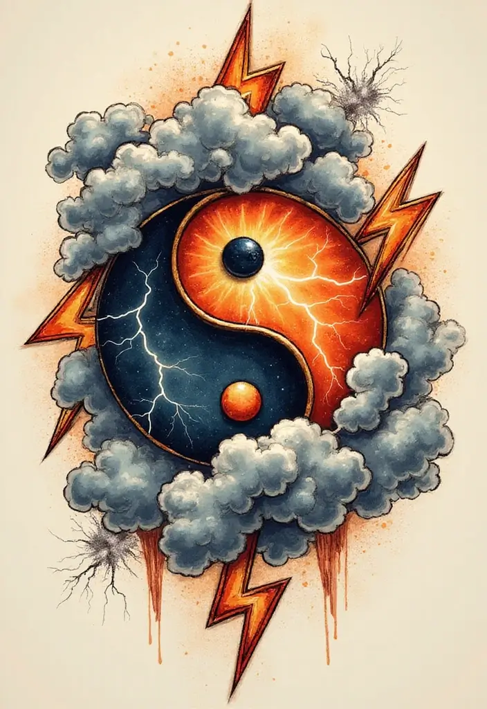 50 Yin Yang Tattoo Ideas with Balance and Harmony Symbolism - 18. Yin Yang with Lightning and Clouds