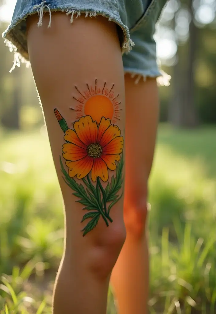 50 California Poppy Tattoo Ideas with Symbolism and Beauty - 19. California Poppy and Sun