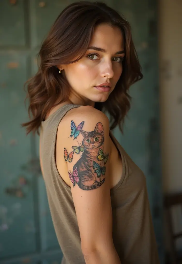 50 Creative Cat Tattoo Ideas for Every Style - 19. Cat and Butterfly Tattoos