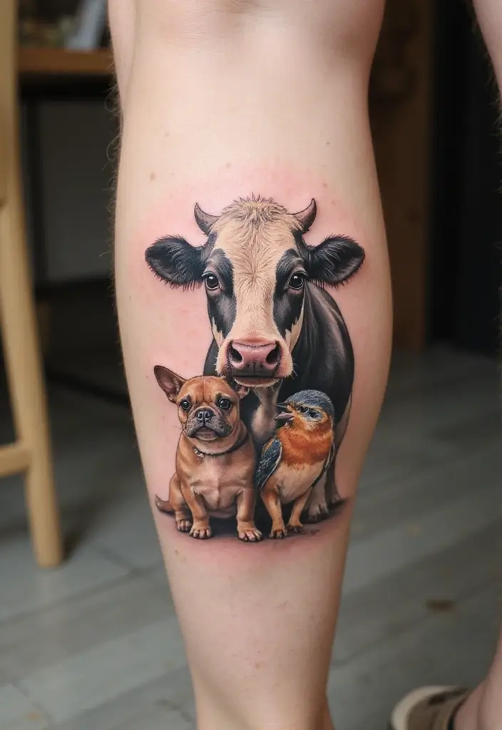 50 Cow Tattoo Designs with Fun and Unique Symbolism - 19. Cow with Animal Companions