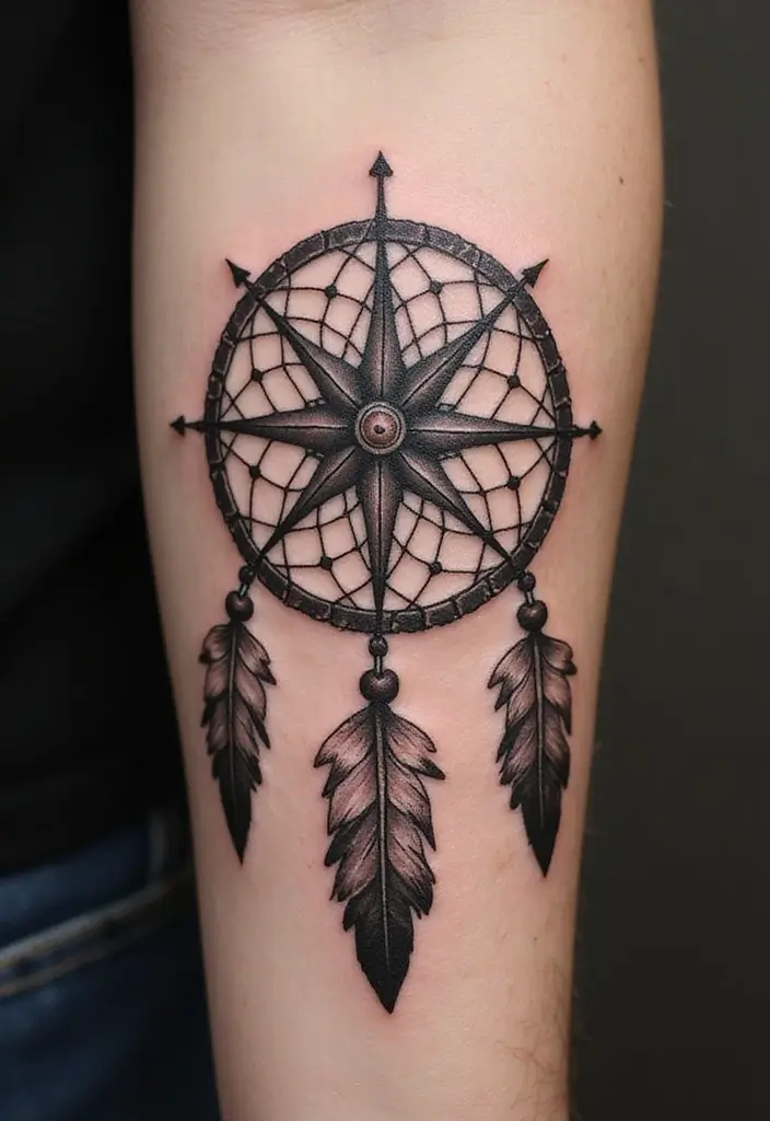 50 Dreamcatcher Tattoo Ideas with Cultural Symbolism 19 50 Dreamcatcher Tattoo Ideas with Cultural Symbolism - 19. Dreamcatcher with a Compass