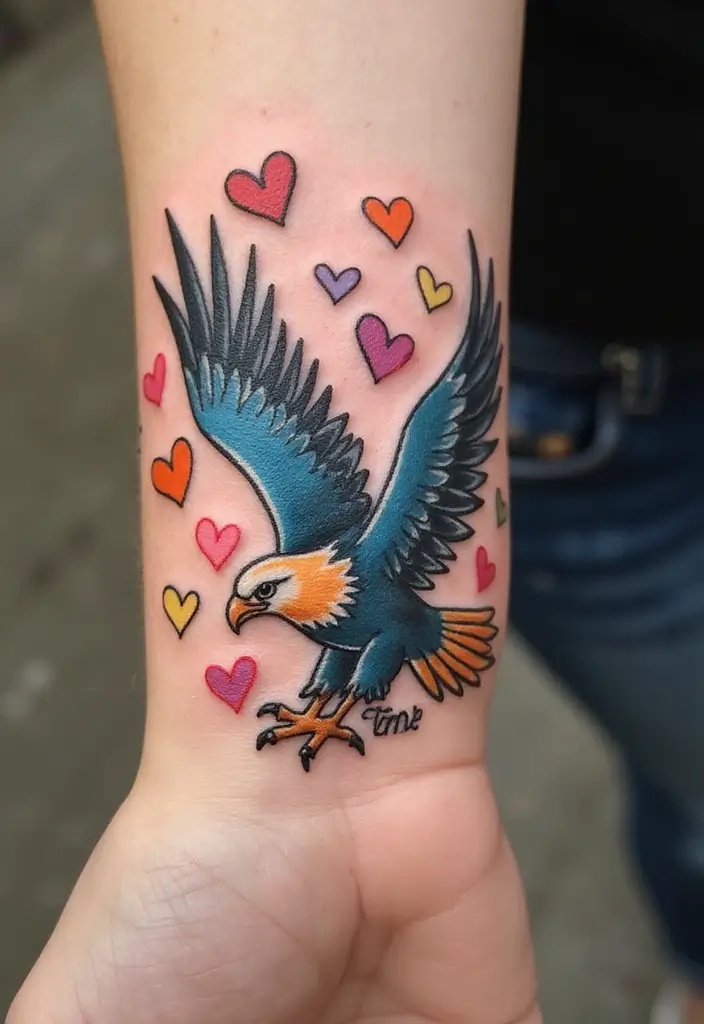 30 Eagle Tattoo Designs That Represent Strength and Freedom 19 30 Eagle Tattoo Designs That Represent Strength and Freedom - 19. Eagle and Hearts