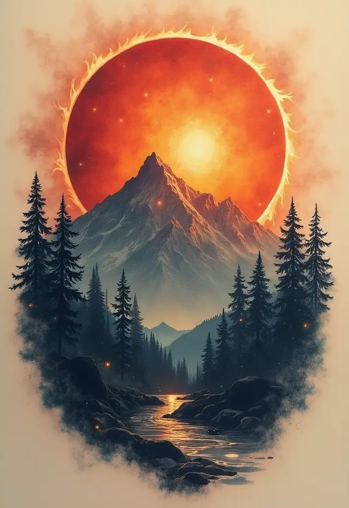 50 Eclipse Tattoo Designs with Powerful Meaning and Symbolism - 19. Eclipse in Nature Scenes