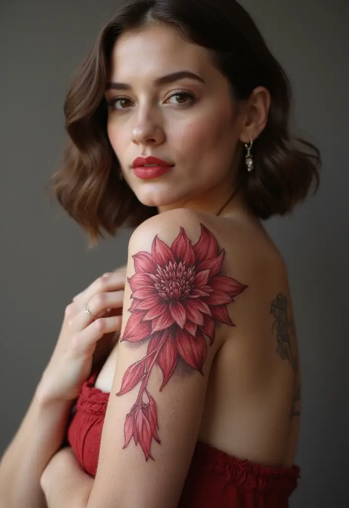 30 Flower Nipple Tattoo Ideas with Creative and Bold Designs - 19. Dramatic Dahlia Blooms
