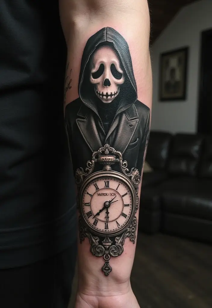 30 Ghostface Tattoo Ideas for Horror Fans - 19. Ghostface with a Clock