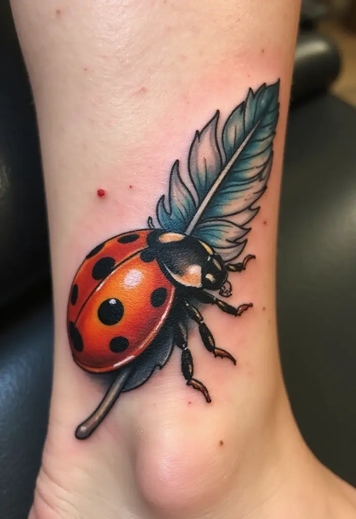 30 Ladybug Tattoo Ideas with Cute and Symbolic Designs 19 30 Ladybug Tattoo Ideas with Cute and Symbolic Designs - 19. Ladybug with a Feather