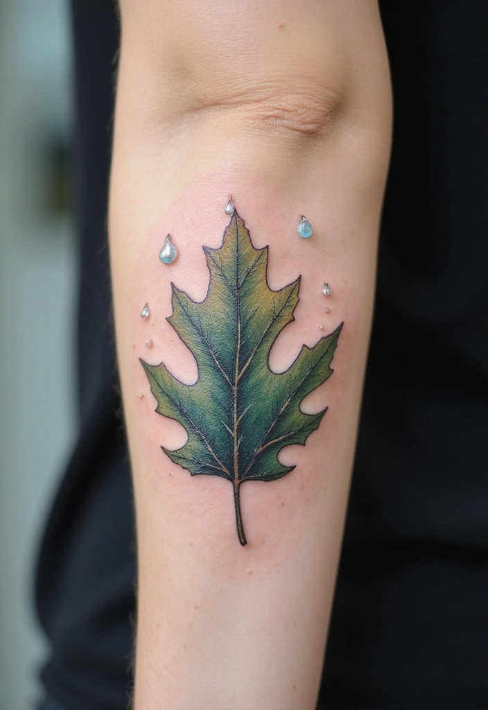 30 Oak Leaf Tattoo Designs with Nature-Inspired Symbolism - 19. Oak Leaf with Raindrops Tattoo