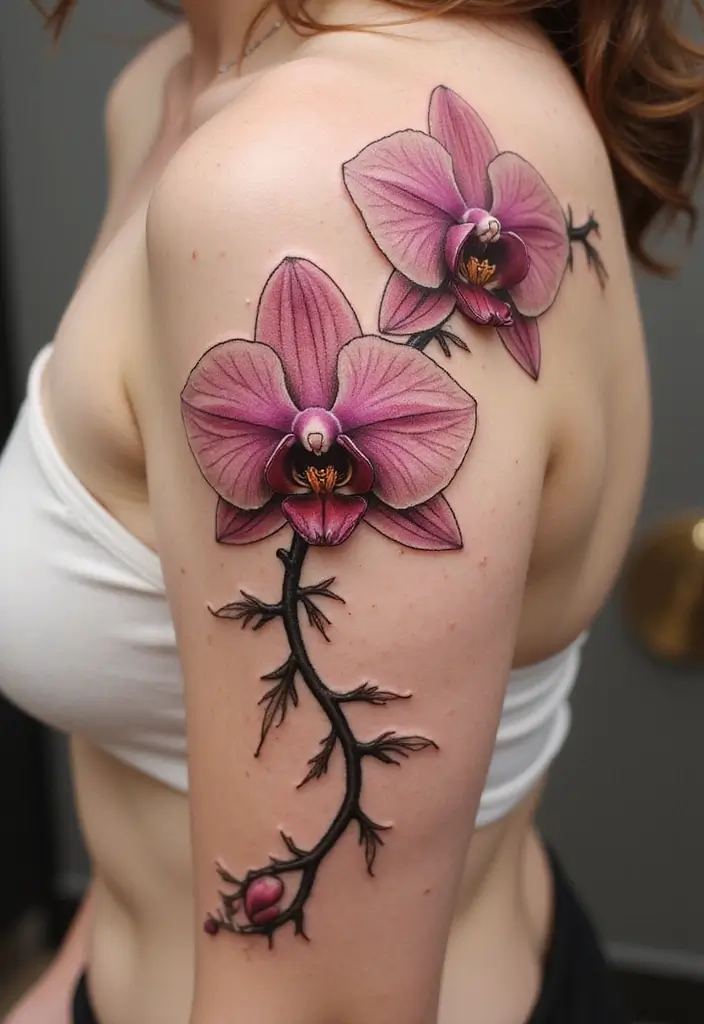 30 Orchid Tattoos That Represent Elegance and Beauty - 19. Orchid and Vine Tattoo
