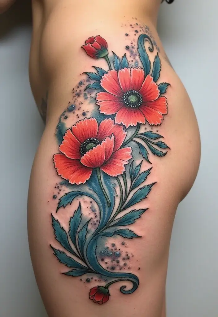 30 Poppy Tattoo Ideas with Symbolic Meanings 19 30 Poppy Tattoo Ideas with Symbolic Meanings - 19. Poppy with Waves