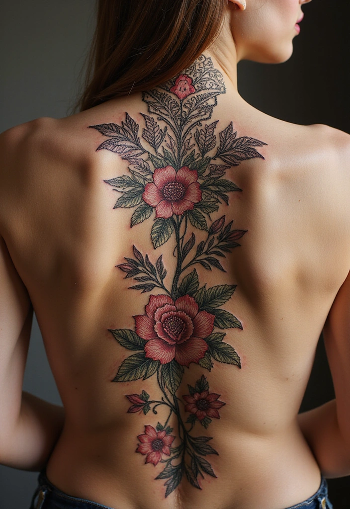 99 Stunning Spine Tattoos for Women to Inspire Your Next Ink - 19. Lace and Flowers Combination