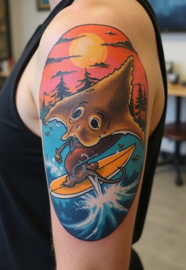 50 Stingray Tattoo Designs and Their Symbolic Meanings - 19. Stingray on a Surfboard
