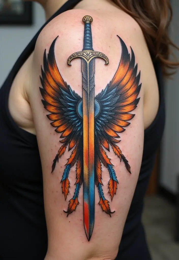 50 Sword Tattoo Designs and Symbolism to Inspire Your Next Ink 19 50 Sword Tattoo Designs and Symbolism to Inspire Your Next Ink - 19. Sword with Feathers