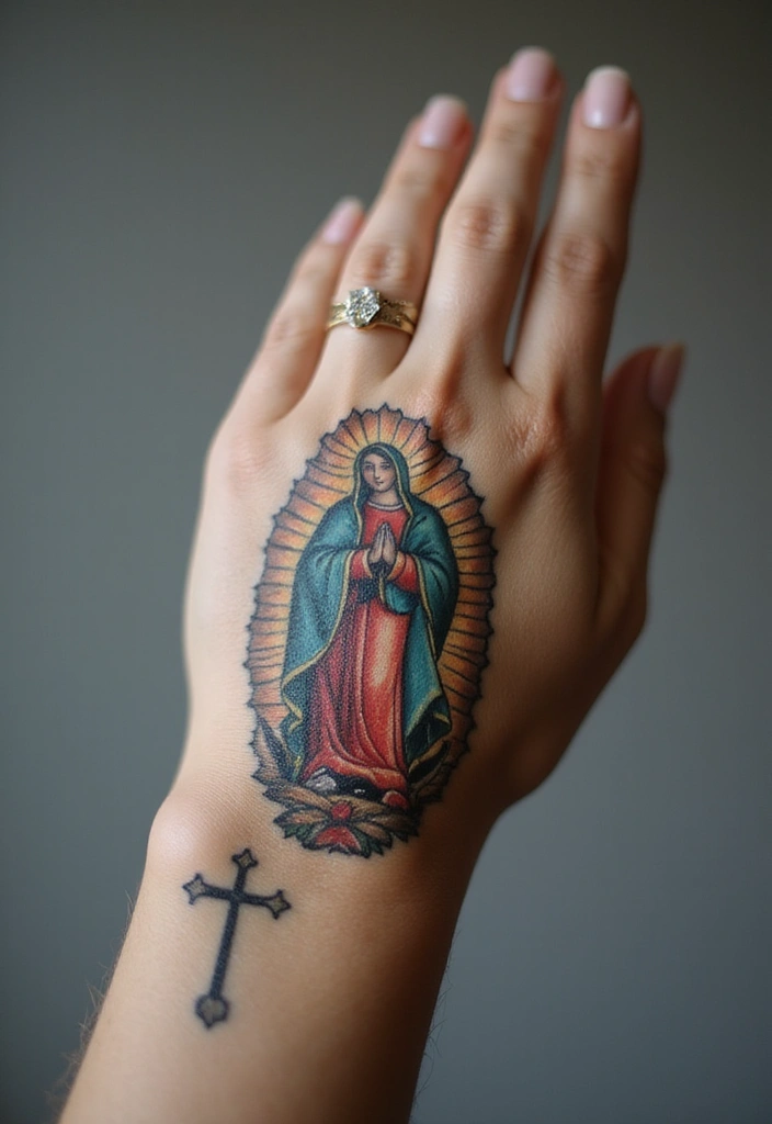 50 Virgin Mary Hand Tattoos with Spiritual and Artistic Designs - 19. Virgin Mary with a Cross