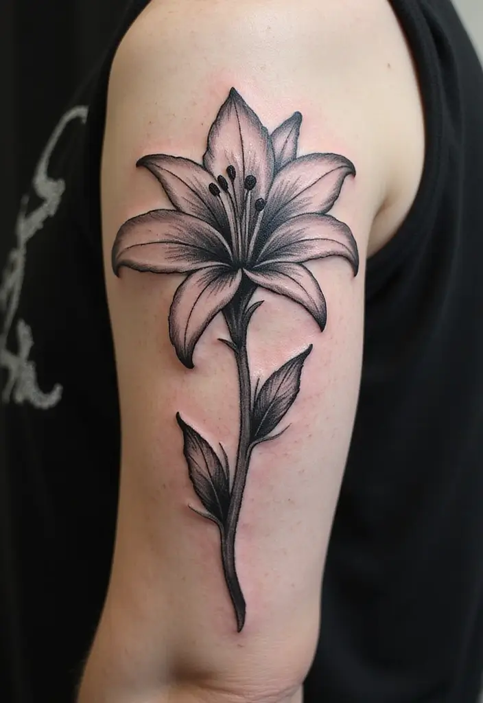 50 Stargazer Lily Tattoos with Elegant and Symbolic Designs 1 50 Stargazer Lily Tattoos with Elegant and Symbolic Designs - 1. Elegant Black and Gray Design