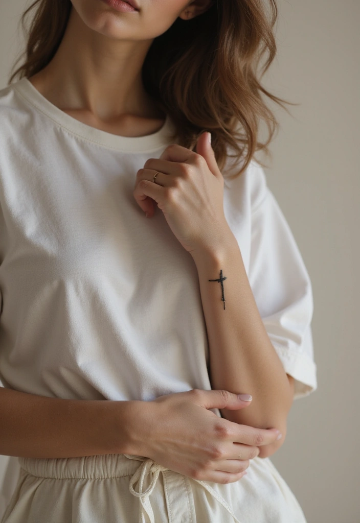 30 Cross Tattoos on Wrist with Meaningful and Elegant Designs 1 30 Cross Tattoos on Wrist with Meaningful and Elegant Designs - 1. Minimalist Line Cross