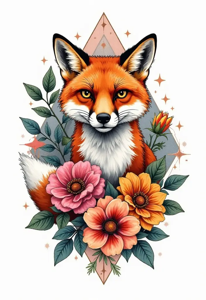 30 Fox Tattoos with Creative and Symbolic Designs - 1. Geometric Fox with Floral Accents