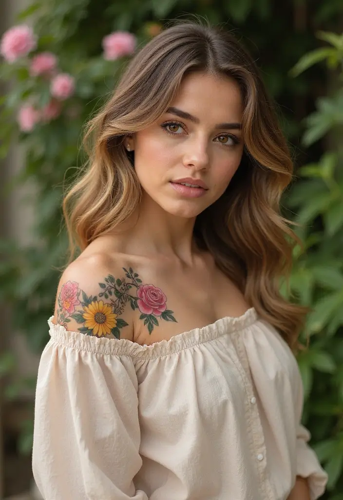 50 Front Shoulder Tattoos for Females That Are Stylish and Bold 1 50 Front Shoulder Tattoos for Females That Are Stylish and Bold - 1. Elegant Floral Arrangements