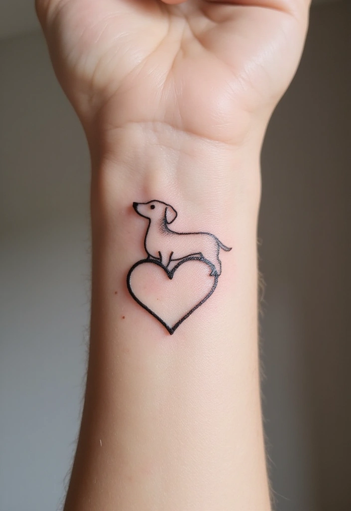 50 Small Wiener Dog Tattoos with Cute and Minimalist Designs - 1. Tiny Outline with Heart