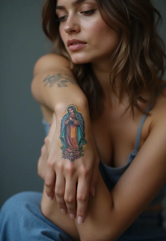 50 Virgin Mary Hand Tattoos with Spiritual and Artistic Designs - 1. Traditional Virgin Mary with Rosary