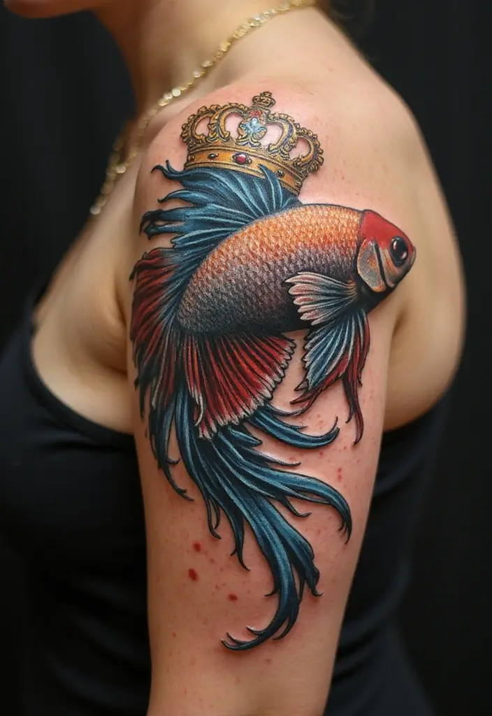 50 Betta Fish Tattoo Ideas with Unique and Colorful Designs 20 50 Betta Fish Tattoo Ideas with Unique and Colorful Designs - 20. Betta Fish with a Crown