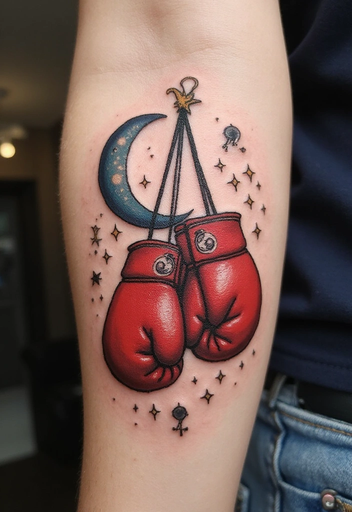 50 Boxing Gloves Tattoo Designs That Embody Strength and Courage! 20 50 Boxing Gloves Tattoo Designs That Embody Strength and Courage! - 20. Celestial Boxing Gloves