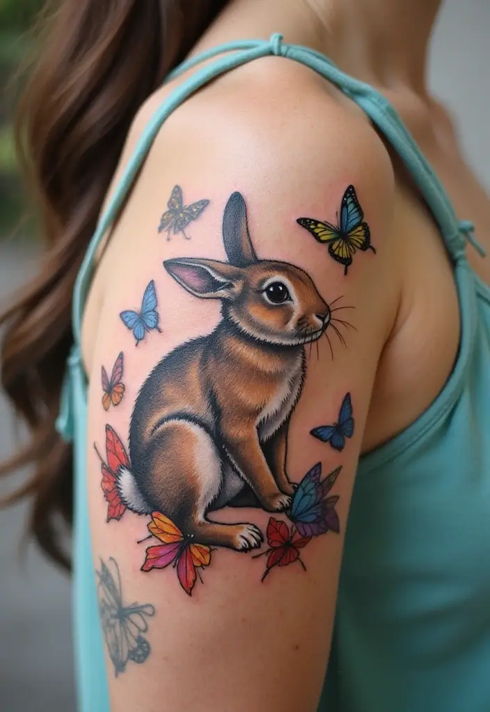 50 Bunny Tattoo Meaning Inspirations for Cute and Creative Designs - 20. Bunny with Butterflies