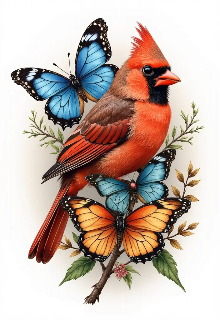 50 Cardinal Tattoo Ideas with Symbolism and Beautiful Designs - 20. Cardinal and Butterflies