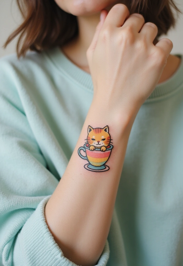 50 Creative Cat Tattoo Ideas for Every Style - 20. Cat in a Cup