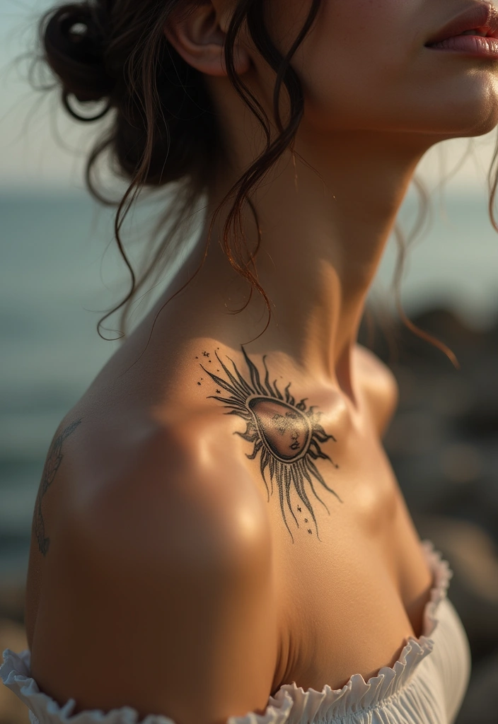 50 Elegant Collarbone Tattoo Ideas for Women 20 50 Elegant Collarbone Tattoo Ideas for Women - 20. Sun and Moon