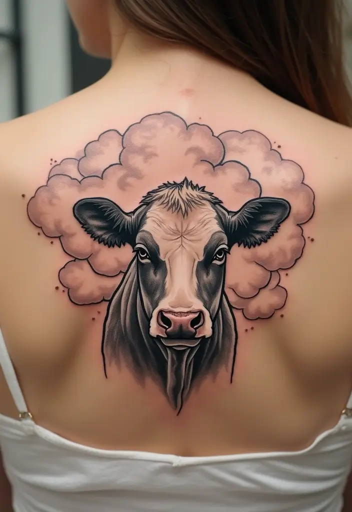 50 Cow Tattoo Designs with Fun and Unique Symbolism - 20. Cow with Dreamy Clouds