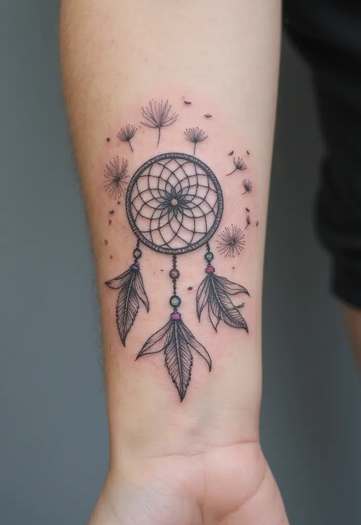 50 Dreamcatcher Tattoo Ideas with Cultural Symbolism 20 50 Dreamcatcher Tattoo Ideas with Cultural Symbolism - 20. Dreamcatcher with Dandelion Seed
