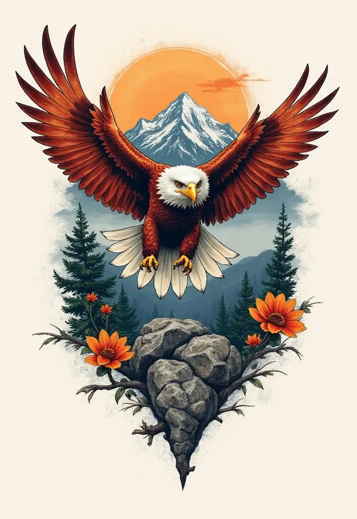 50 Eagle Tattoo Meaning Ideas and Symbolic Designs 20 50 Eagle Tattoo Meaning Ideas and Symbolic Designs - 20. Eagle and Mountain Landscape