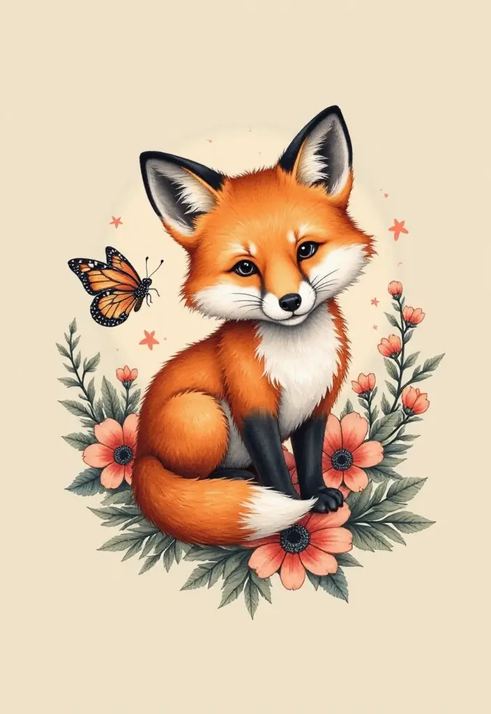 30 Fox Tattoos with Creative and Symbolic Designs - 20. Fox with Butterfly Tattoo