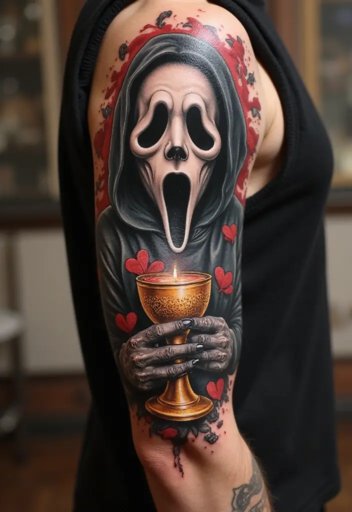 30 Ghostface Tattoo Ideas for Horror Fans - 20. Ghostface with a Chalice
