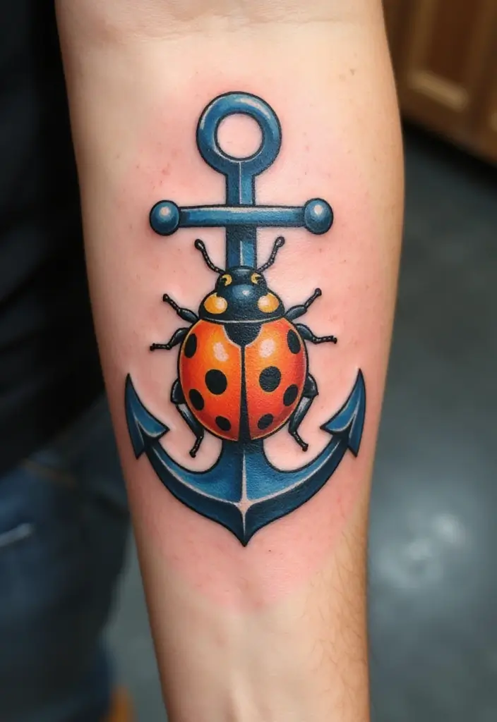 30 Ladybug Tattoo Ideas with Cute and Symbolic Designs 20 30 Ladybug Tattoo Ideas with Cute and Symbolic Designs - 20. Ladybug with an Anchor