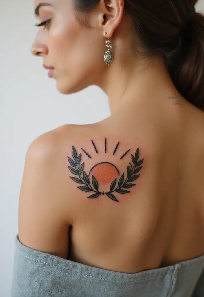 30 Olive Branch Tattoo Meaning and Design Inspirations - 20. Olive Branch with Sun Rays