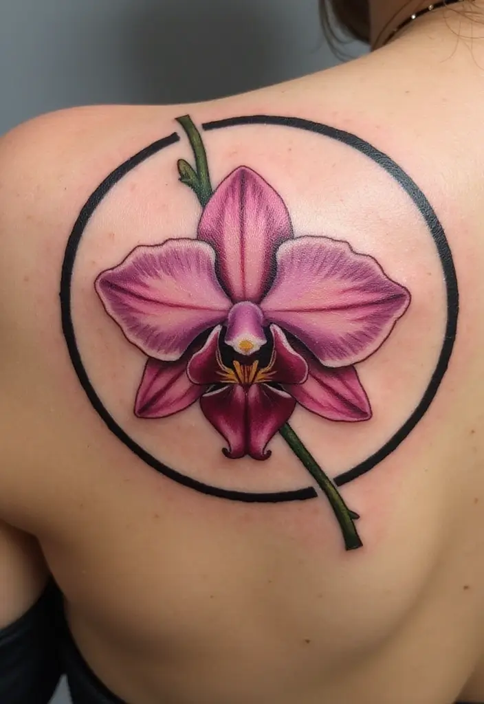 30 Orchid Tattoos That Represent Elegance and Beauty - 20. Orchid in a Circle Tattoo