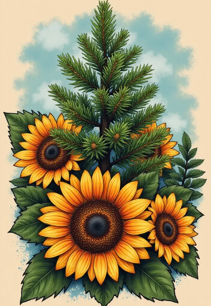 30 Pine Tree Tattoo Ideas with Nature-Inspired Symbolism - 20. Pine Tree with Sunflowers
