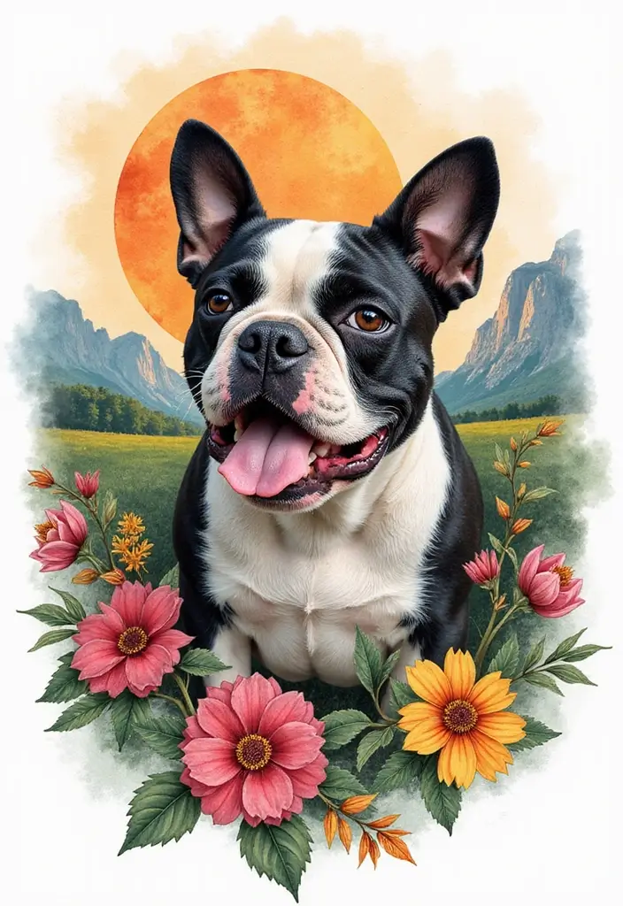 30 Realistic English and French Bulldog Tattoos You’ll Love - 20. Bulldog with a Landscape