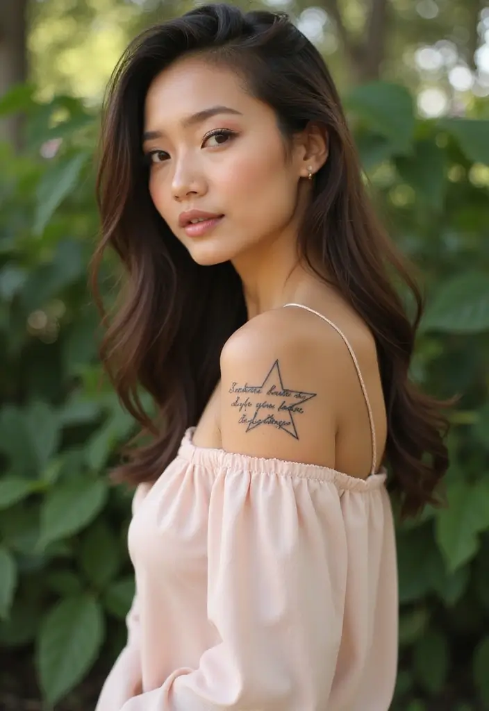 30 Shoulder Star Tattoos with Creative and Stylish Designs 20 30 Shoulder Star Tattoos with Creative and Stylish Designs - 20. Star with Inspirational Quote