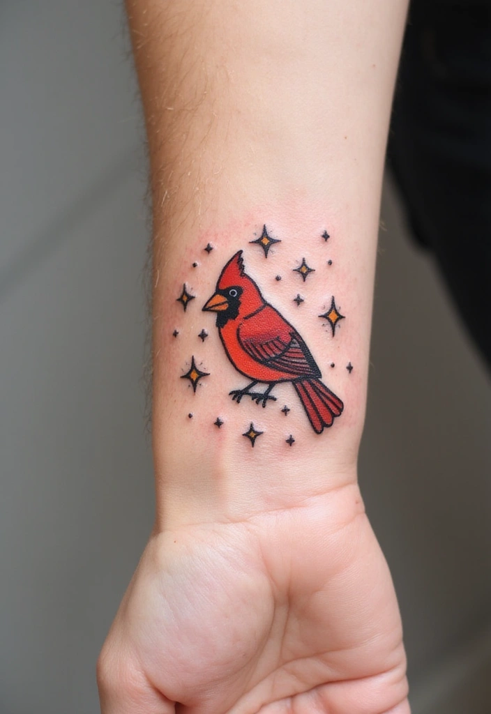 30 Small Cardinal Tattoos for Unique Inspiration 20 30 Small Cardinal Tattoos for Unique Inspiration - 20. Cardinal with Twinkling Stars