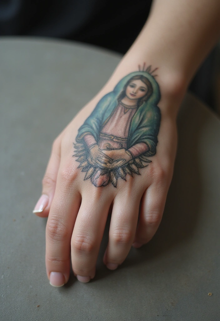 50 Virgin Mary Hand Tattoos with Spiritual and Artistic Designs - 20. Virgin Mary with Healing Hands