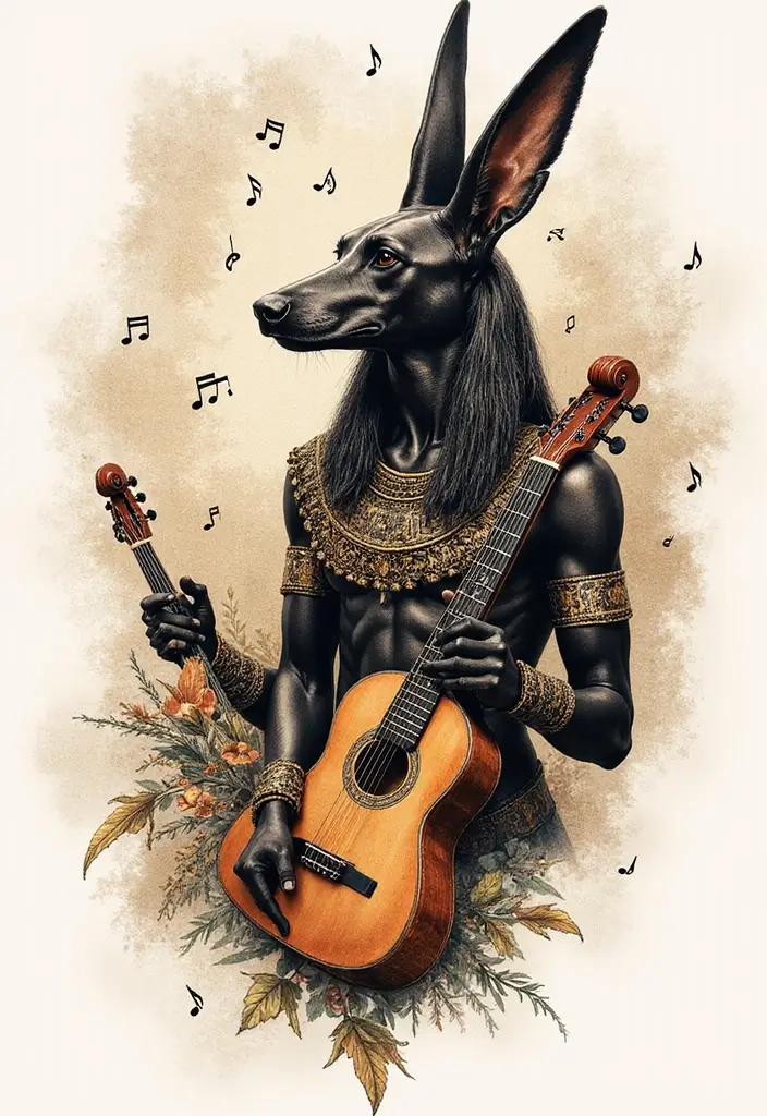 30 Anubis Tattoo Designs with Ancient Egyptian Symbolism 21 30 Anubis Tattoo Designs with Ancient Egyptian Symbolism - 21. Anubis with Musical Elements